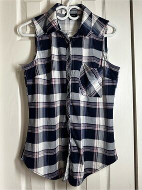Warehouse one Navy, White and Pink Sleeveless Plaid Button-Down Top size S #105